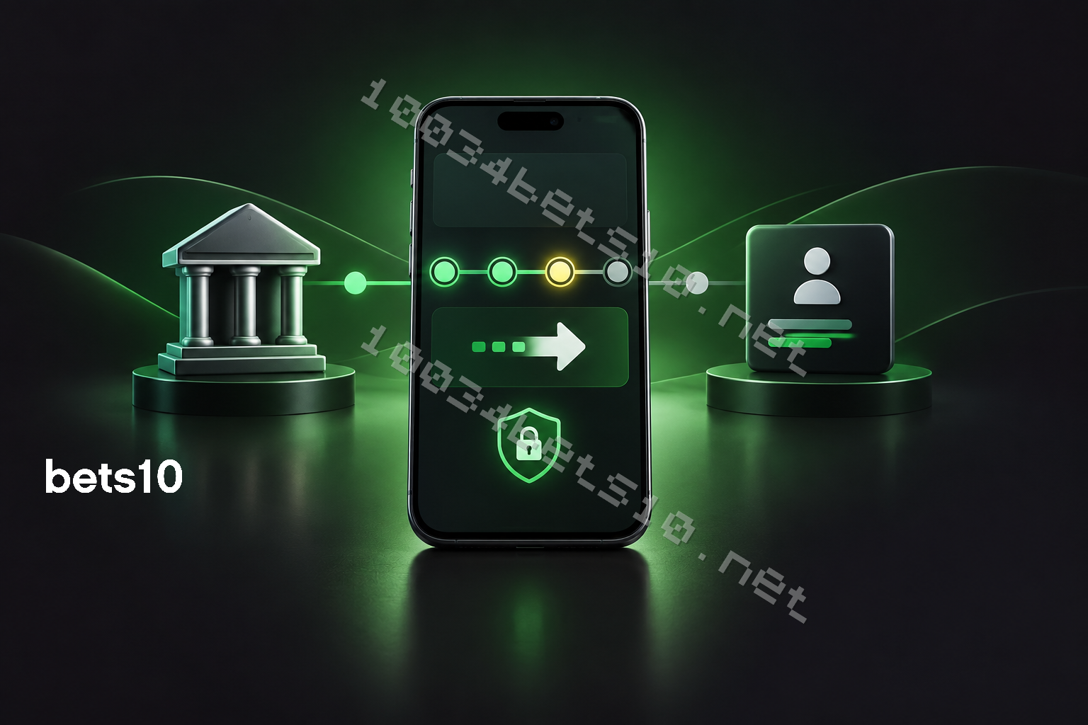 Koyu zeminde yeşil ışıkla çevrelenen telefon, Bets10 anında havale işlem durumunun kontrolünü simgeleyen aktarım ve güvenlik işaretlerini gösteriyor.