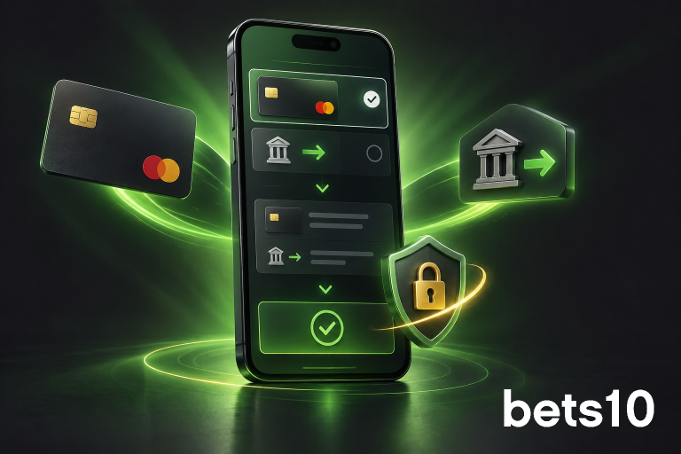Koyu zeminde yeşil ışıkla çevrili telefon ve ödeme simgeleri, Bets10 hesabına nasıl para yatırılır rehberindeki işlem kontrolünü betimliyor.